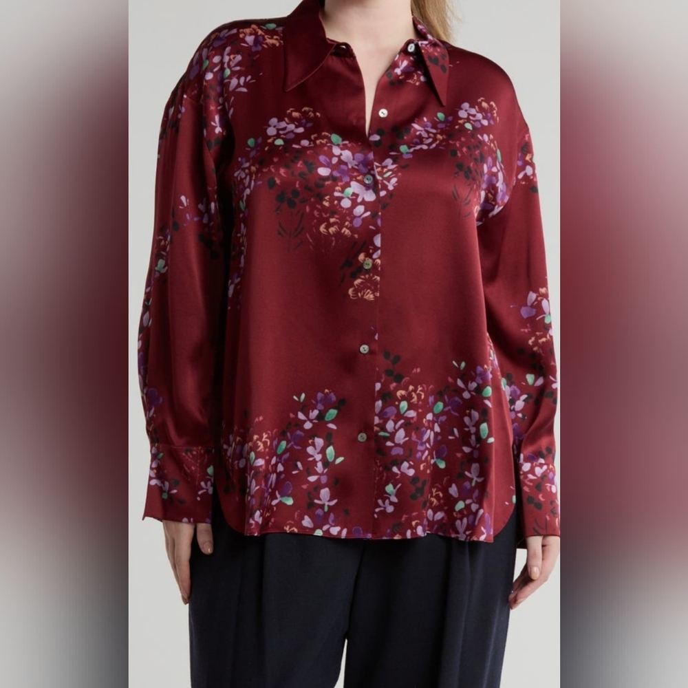 Vince Forsythia Silk Floral Botton-Up Blouse - Burgundy